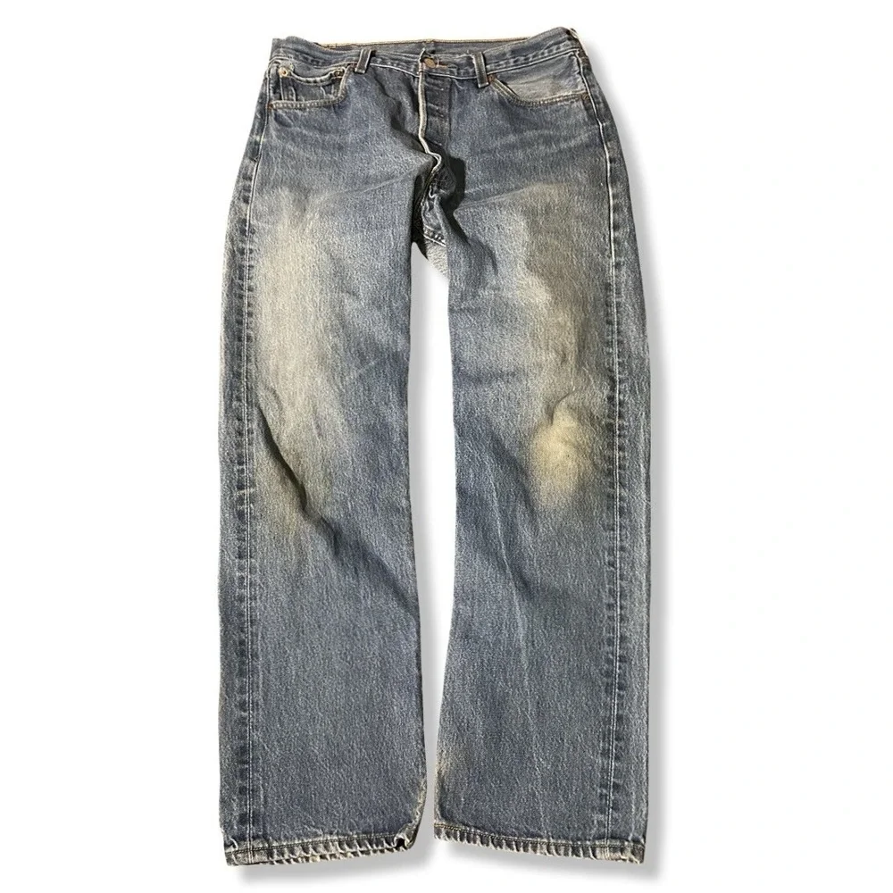 Vintage 90s Levis 501xx Jeans Blue Straight Button Fly Distressed USA Mens 36x34